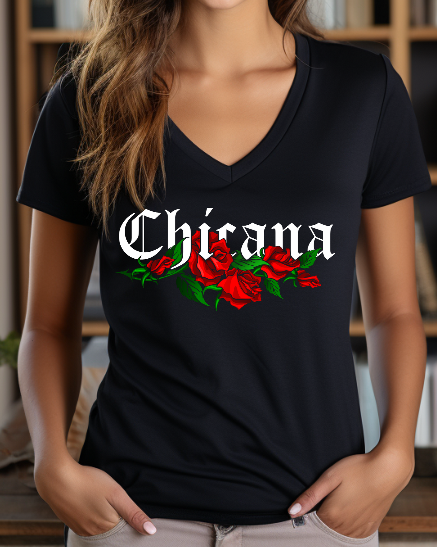 Chicana with Roses Women's Fitted T-Shirt
