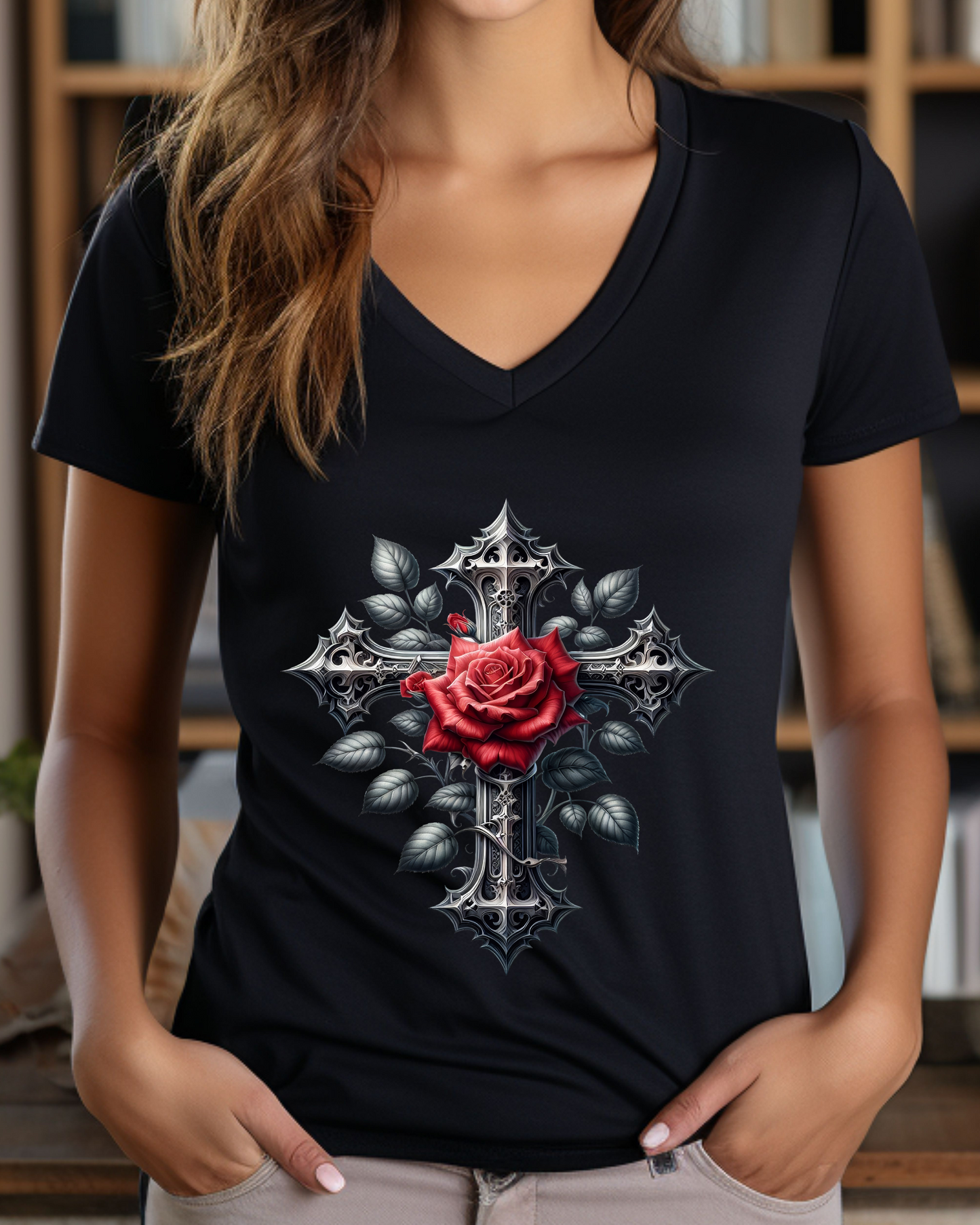 Gothic Cross with Rose Women's Fitted T-Shirt