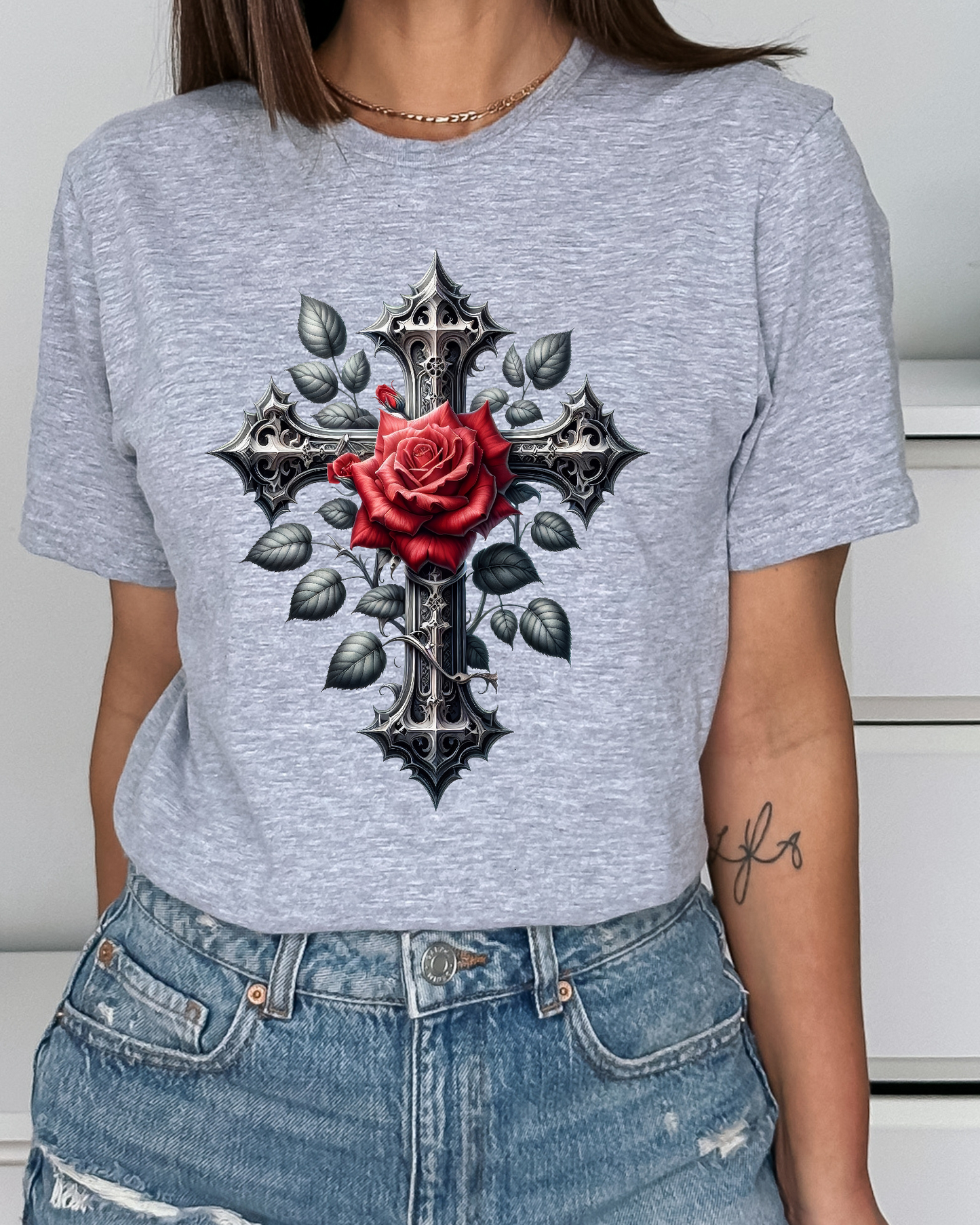 Gothic Cross with Rose Women's Fitted T-Shirt