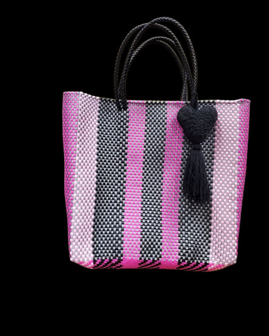 Pink & Black Large Mexican Handwoven Tote Bag