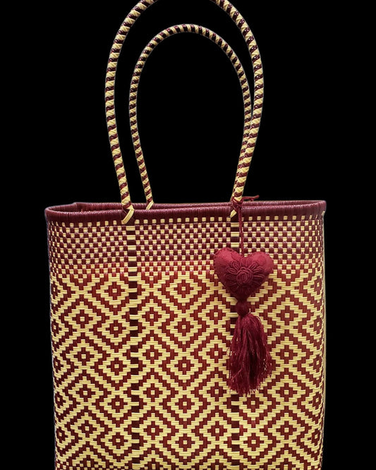 Beige & Burgundy Extra Large Mexican Handwoven Tote Bag